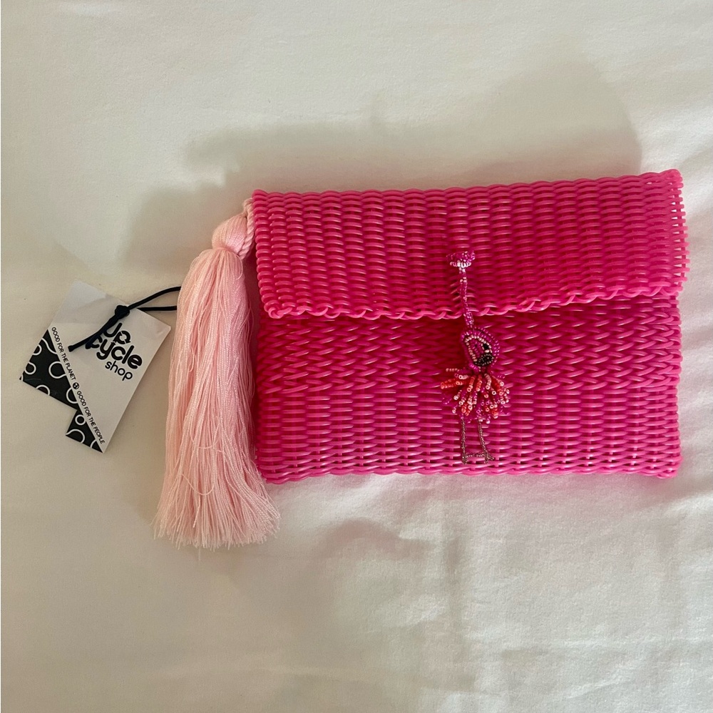 Brand new w Dust Bag! Sustainable clutch with beaded flamingo